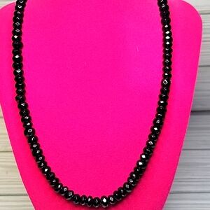 Vintage Jet Black Glass Beaded Necklace, Restrung Magnetic Clasp 19"  8 MM Beads